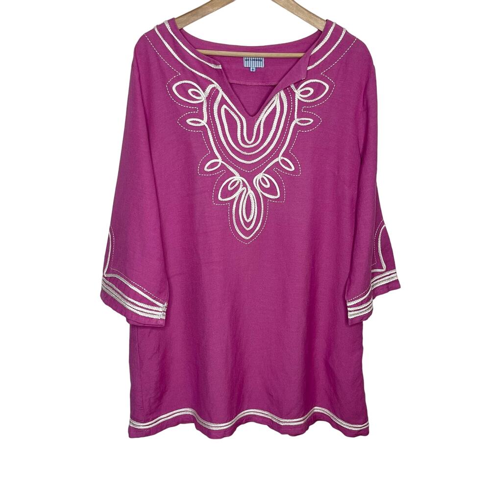 Les Canebiers Womens Tunic Dress 44 XXL Purple White V Neck Pockets Coverup